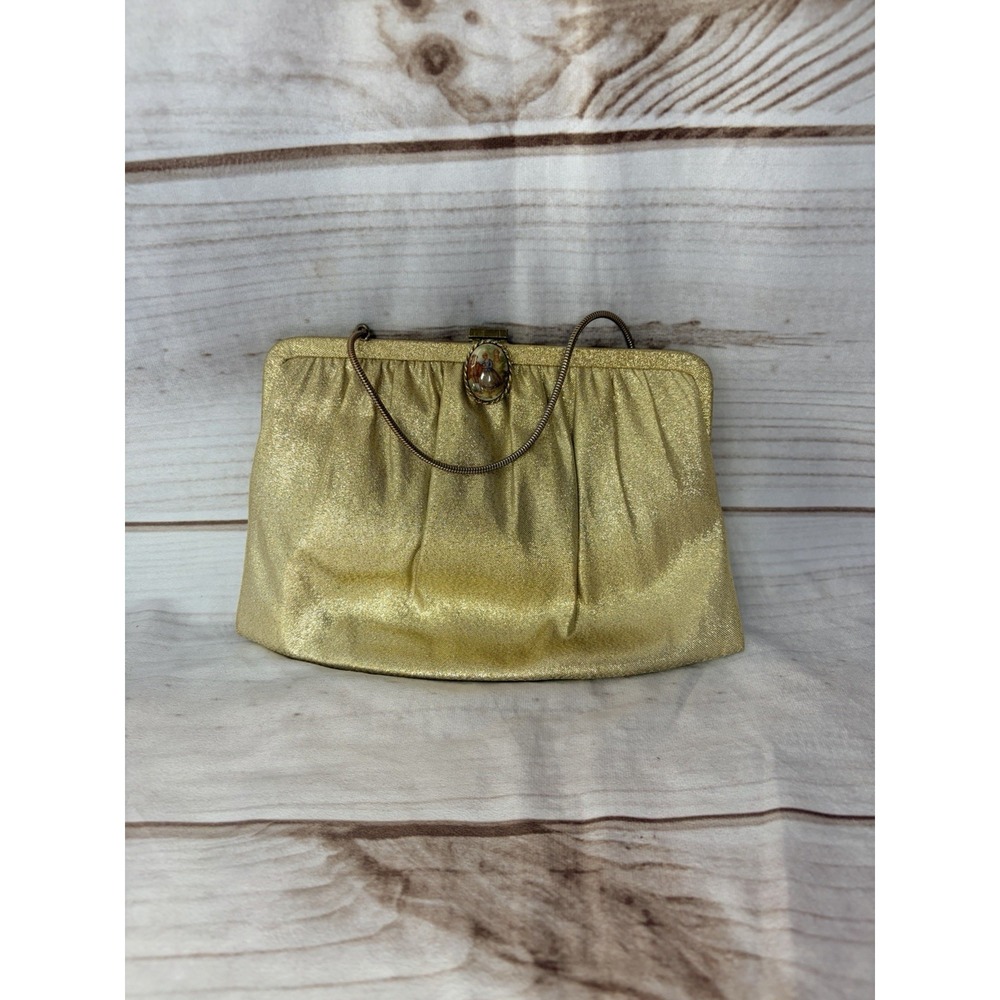 Vintage Gold Handbag Clutch Purse Portrait Clip Closure Brass Chain Handle